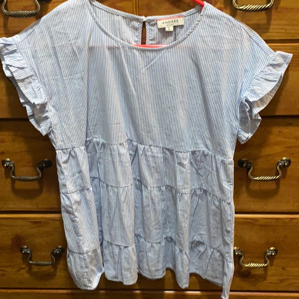Blue and white strip tiered blouse